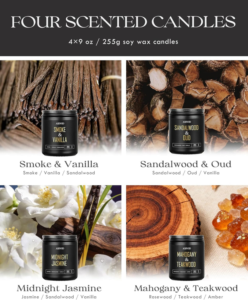 AOOVOO Scented Candles for Men - 4 Pack Candles for Home Scented, 36oz Soy Wax, 200 Hour Burn Time, Men Candle Set, Sandalwood Oud/Mahogany Teakwood/Smoke Vanilla/Jasmine Candle Set A