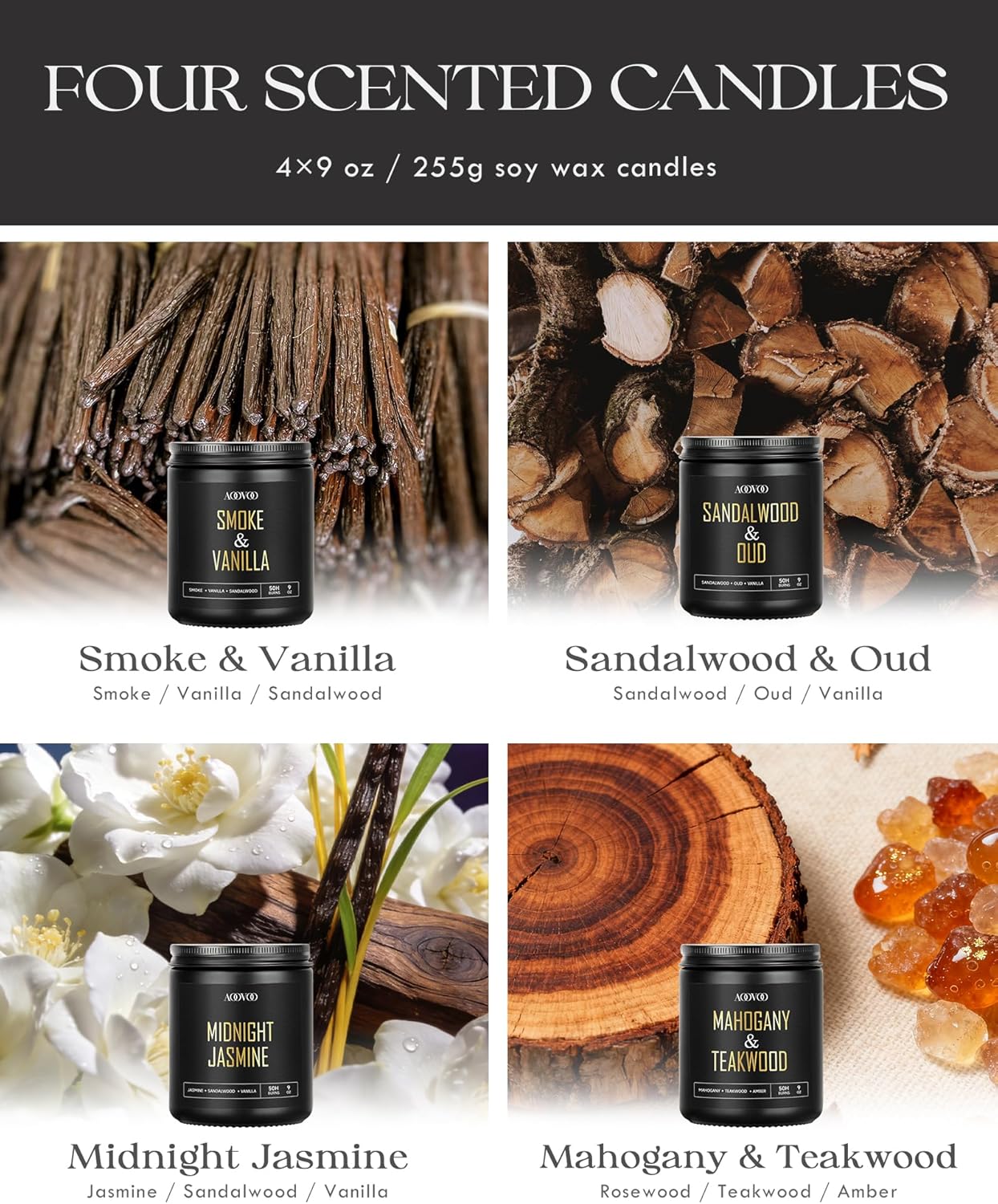 AOOVOO Scented Candles for Men - 4 Pack Candles for Home Scented, 36oz Soy Wax, 200 Hour Burn Time, Men Candle Set, Sandalwood Oud/Mahogany Teakwood/Smoke Vanilla/Jasmine Candle Set A