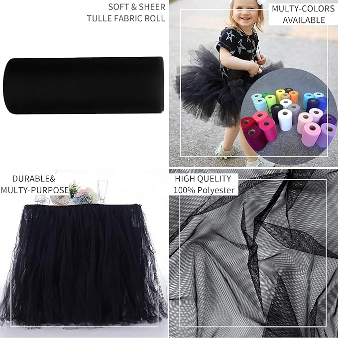 Black Tulle Fabric Rolls 54 Inch by 10 Yards Fabric Tulle Bolt for Wedding Halloween Decorations Gift Wrapping DIY Tutu Baby Shower Table Skirt Birthday Party Craft Supplies