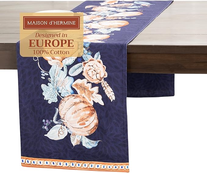 Maison d' Hermine Table Runner 100% Cotton Double Layer Table Runners 108 inches Long for Thanksgiving Christmas Decorations Home Kitchen Dining Party Wedding (Pumpkin Blues, 14.5" x 108")