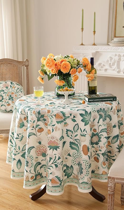 patdrea Designer Green French Table Cloth for Round Table,Vintage Italian Floral Country Linen Breathable Tablecloth,Cover for Kitchen Dining,Christmas,Thanksgiving,Diameter 67"-Tree Life