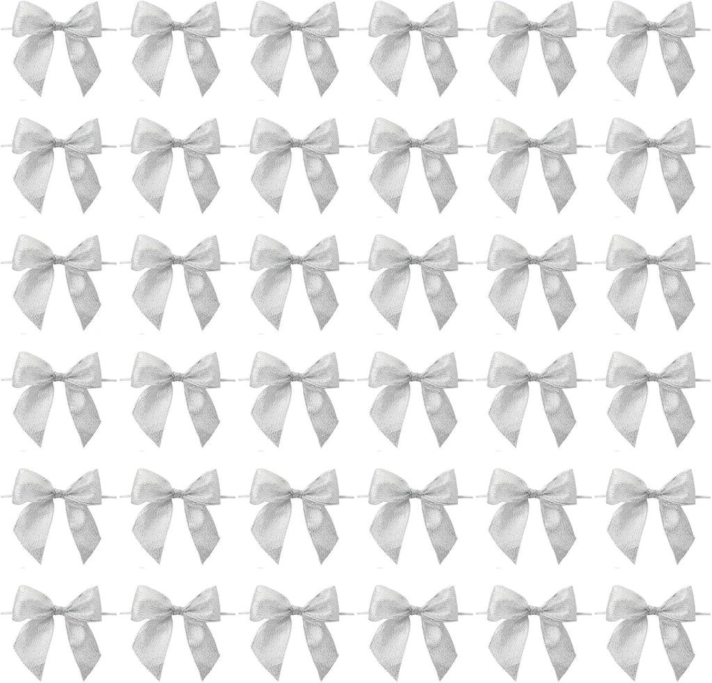 Bright Creations 36-Pack Mini Organza Twist Tie Bows - 4x3 Inch Silver Organza - Premade for Treat Bags & Gift Wrapping - Metallic Treat Bag & Craft Bows