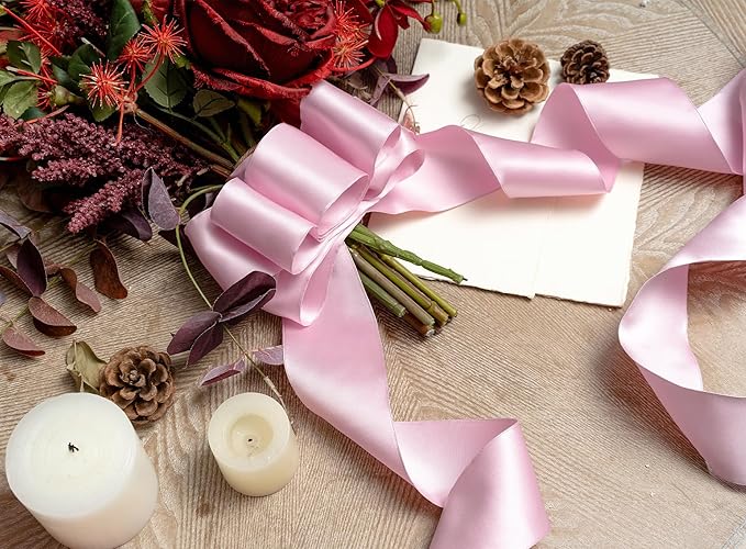Pink Satin Ribbon Double-Faced Wired Ribbons for Gift Wrapping Flower Bouquet Bows Wedding Invitation Christmas Decor Crafts 2-1/2 Inch 10 Yards