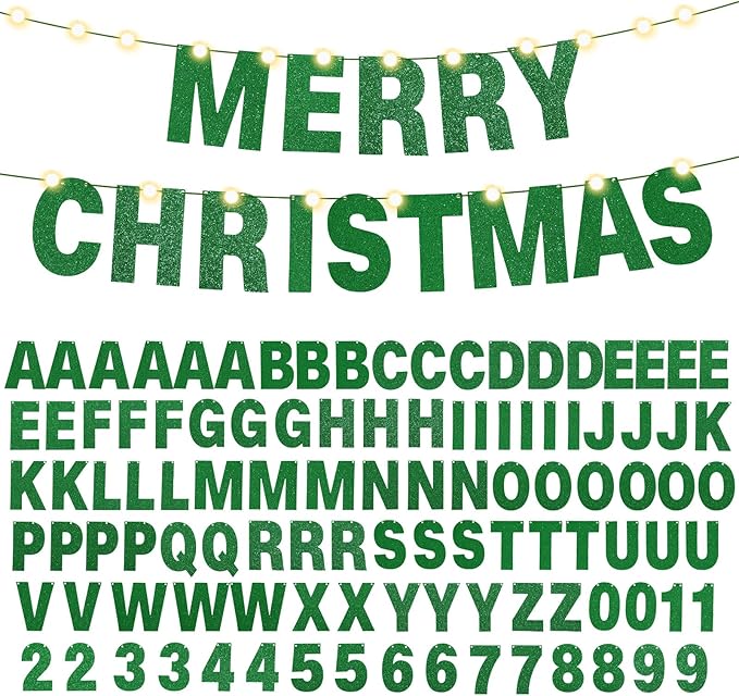 TaoBary 112 Pcs DIY Letter Kit Glitter Customizable Banner Letters Include 107 Letters and Numbers 3 Rope and 2 Needles for Birthday Halloween Christmas Wedding Valentine Party Decor(Green)