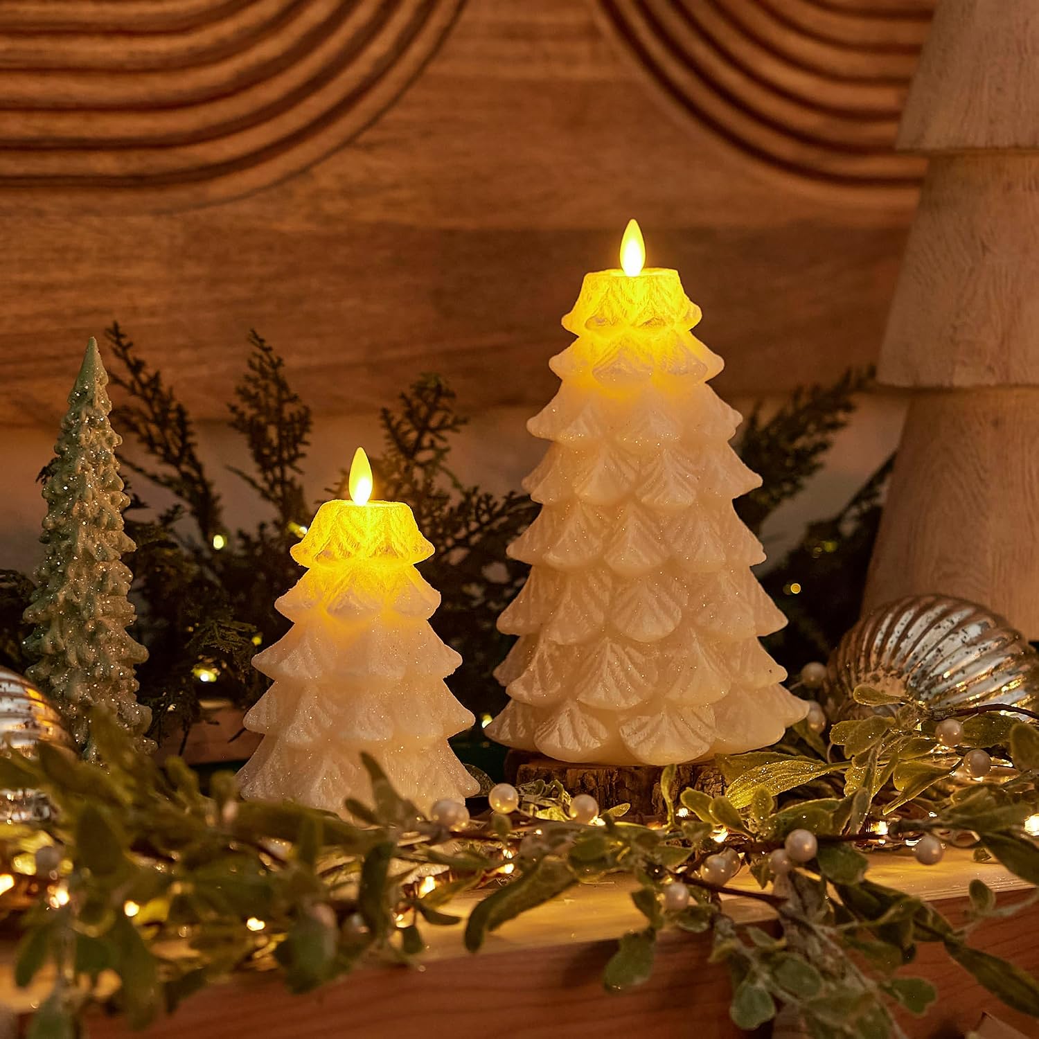 Luminara Christmas Tree Flameless LED Candle, White Swan 5.35" x 8.5", Moving Flame Battery Operated Timer, Holiday Decor, Glitter Snow Finish Safe