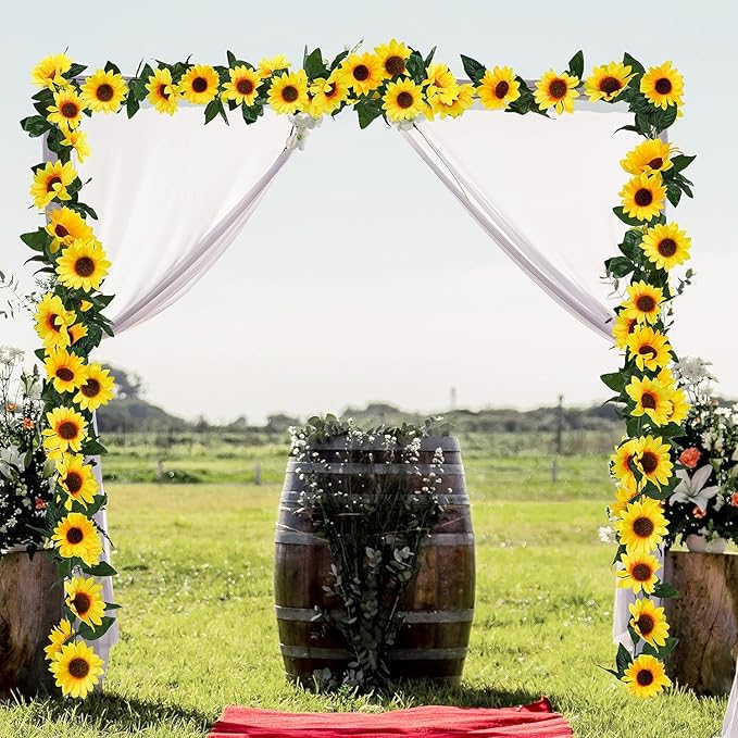 Uieke 12PCS Artificial Sunflower Garland, 7.5ft/Strand Silk Sunflowers Hanging Vines Flowers with Green Leaves for Room Kitchen Garden Birthday Wedding Baby Shower Party Table Decor Large