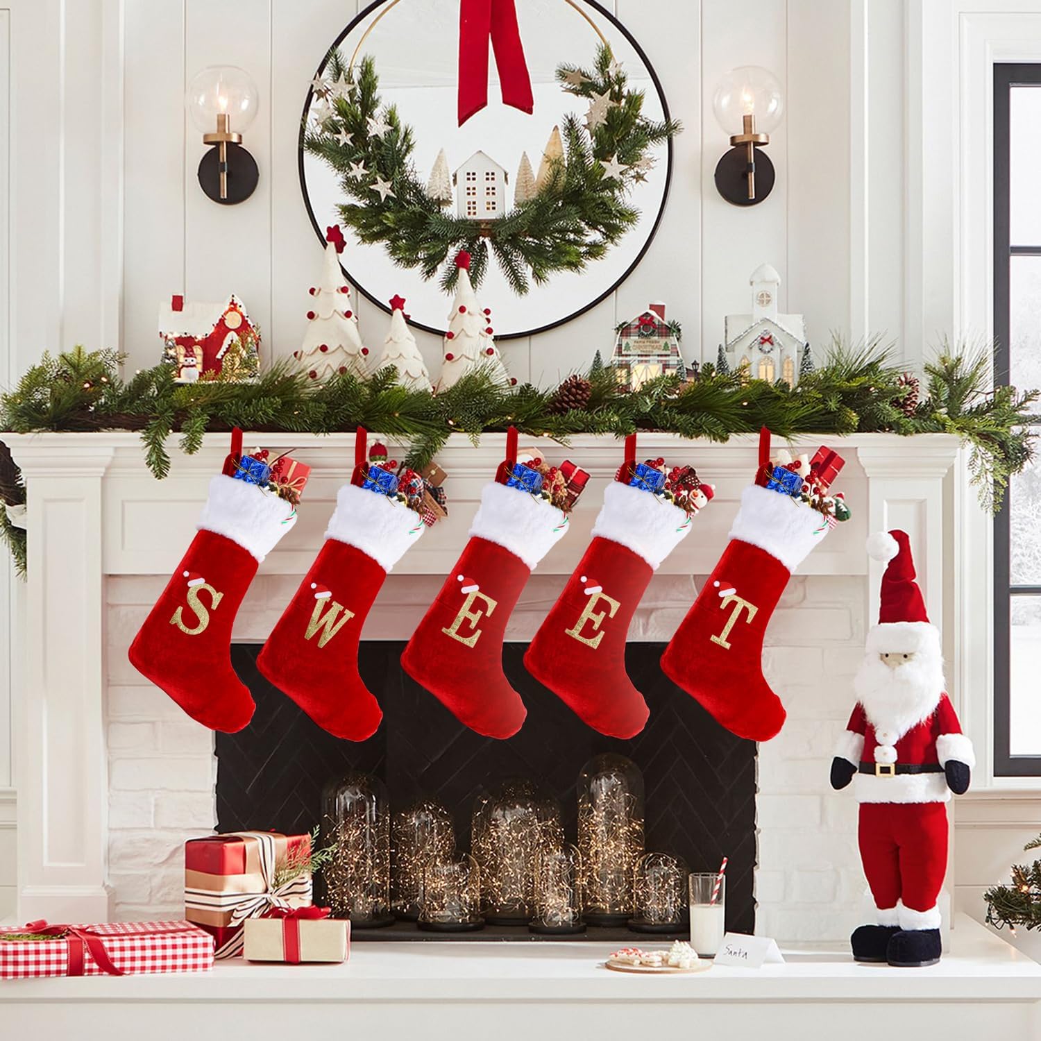 20 Inches Monogram Christmas Stockings with Letters, Large Super Soft Christmas Stockings Red Velvet with White Super Soft Plush Cuff for Christmas Xmas Tree Holiday Fireplace (S)