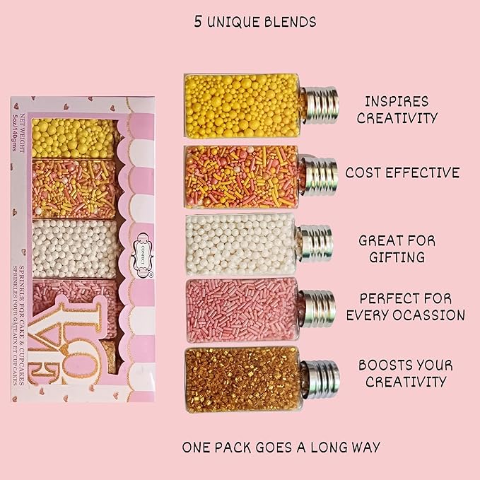 Confect Sprinkles – 5 Pack Assorted Cake Decorating Mix (Yellow & Pearl Dragees, Hot Pink Jimmies, Sparkling Gold Sugar) – Celebration Spring & Summer Sprinkles - Festive Toppings for Cakes, Cupcakes, Cookies, Birthday Parties – Vegan, Gluten-Free, Nut...