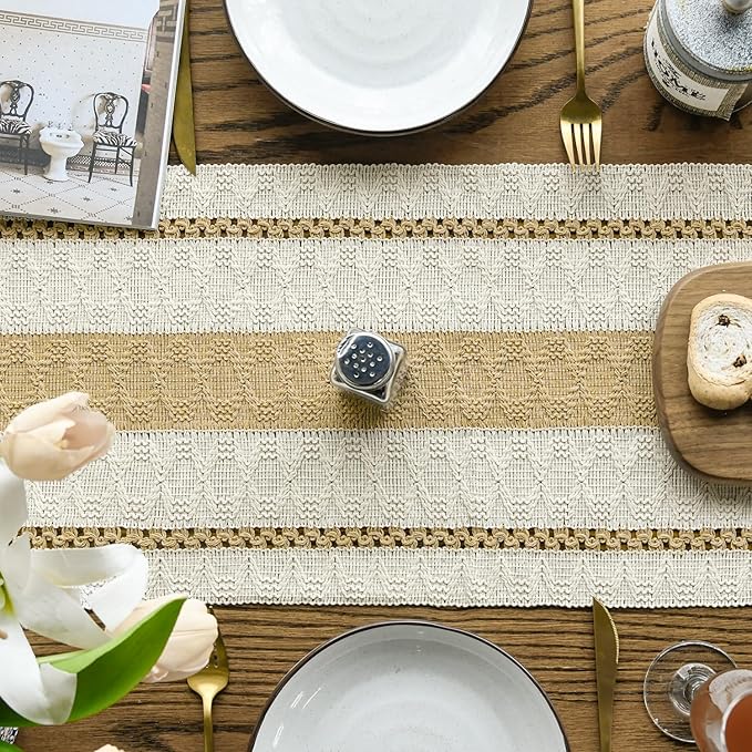 Artoid Mode Burlap Brown Farmhouse Woven Rustic Table Runner, Seasonal Holiday Hollow Kitchen Dining Table Decoration for Home Party Decor 12x90 Inch