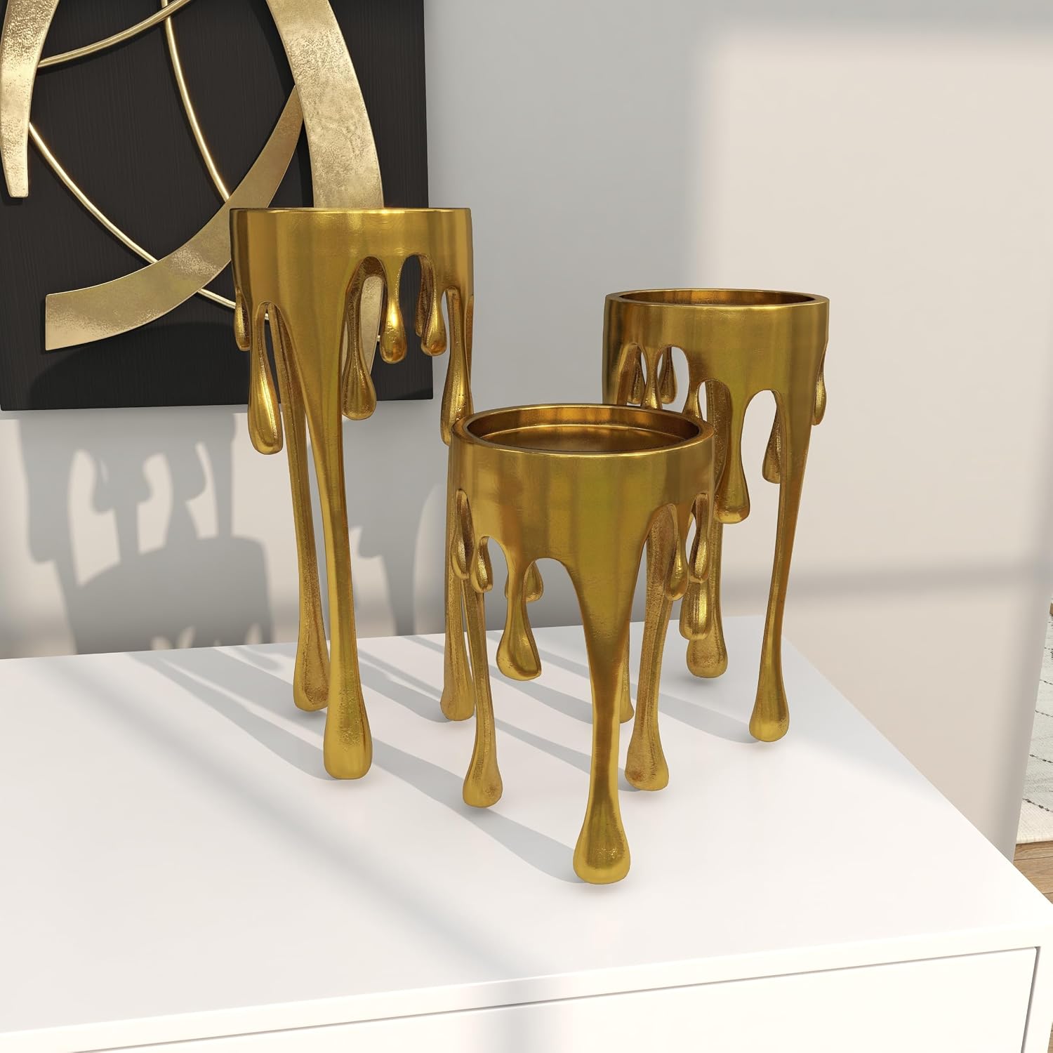 CosmoLiving by Cosmopolitan Aluminum Metal Abstract Decorative Candle Holder Melting Drip Candle Stand, Set of 3 Candlestick Holder 12", 10", 8"H, Gold