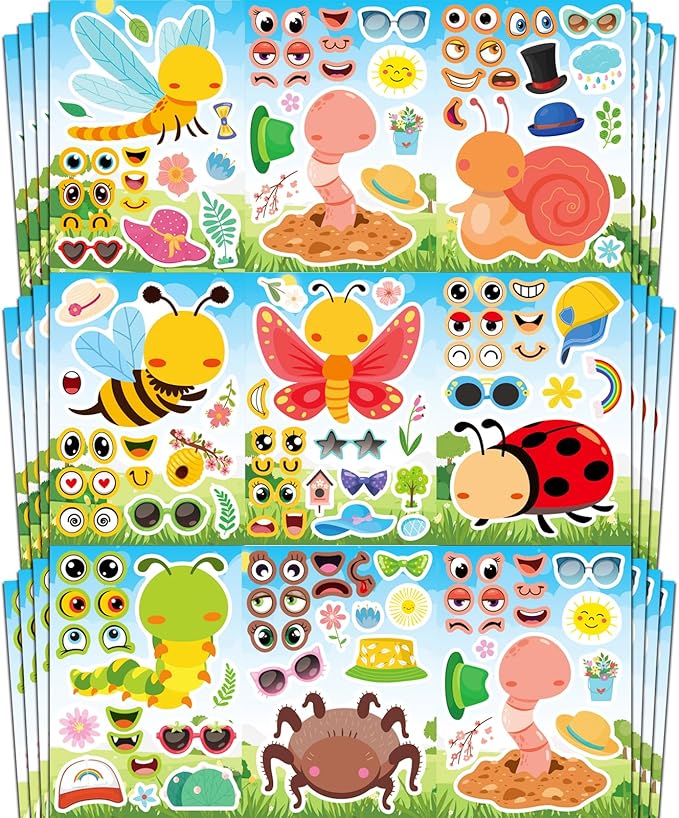 Aowplc 32 Sheets Insect Make-a-Face Stickers for Kids, Fun Spring Party Supplies, Crafts & Classroom Activities