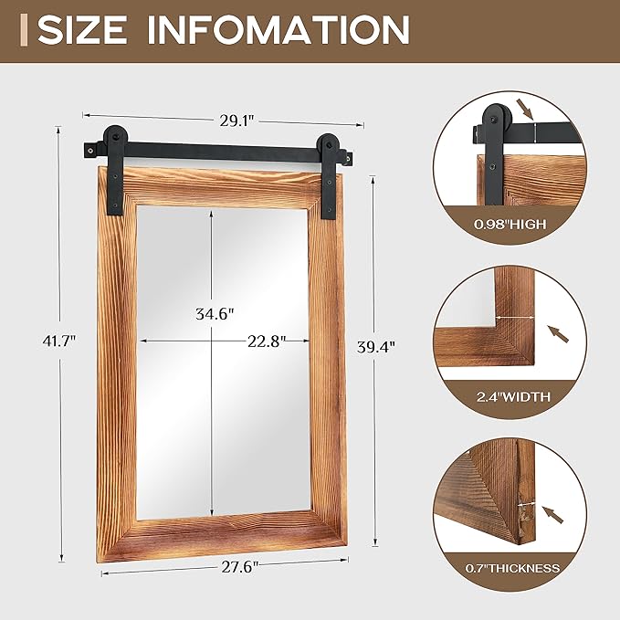 COGOOD Farmhouse Bathroom Mirror - 42 x 29 Rustic Barn Door Style Mirror for Living Room, Entryway, Vanity Wall Decor (Brown)