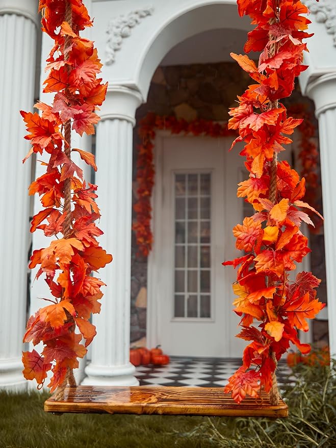 PARTY JOY 6PCS Orange Leaf Garland, 5.6Ft Halloween Garland Artificial Maple Leaf Autumn Hanging Fall Vines Thanksgiving Decorations Fall Decor