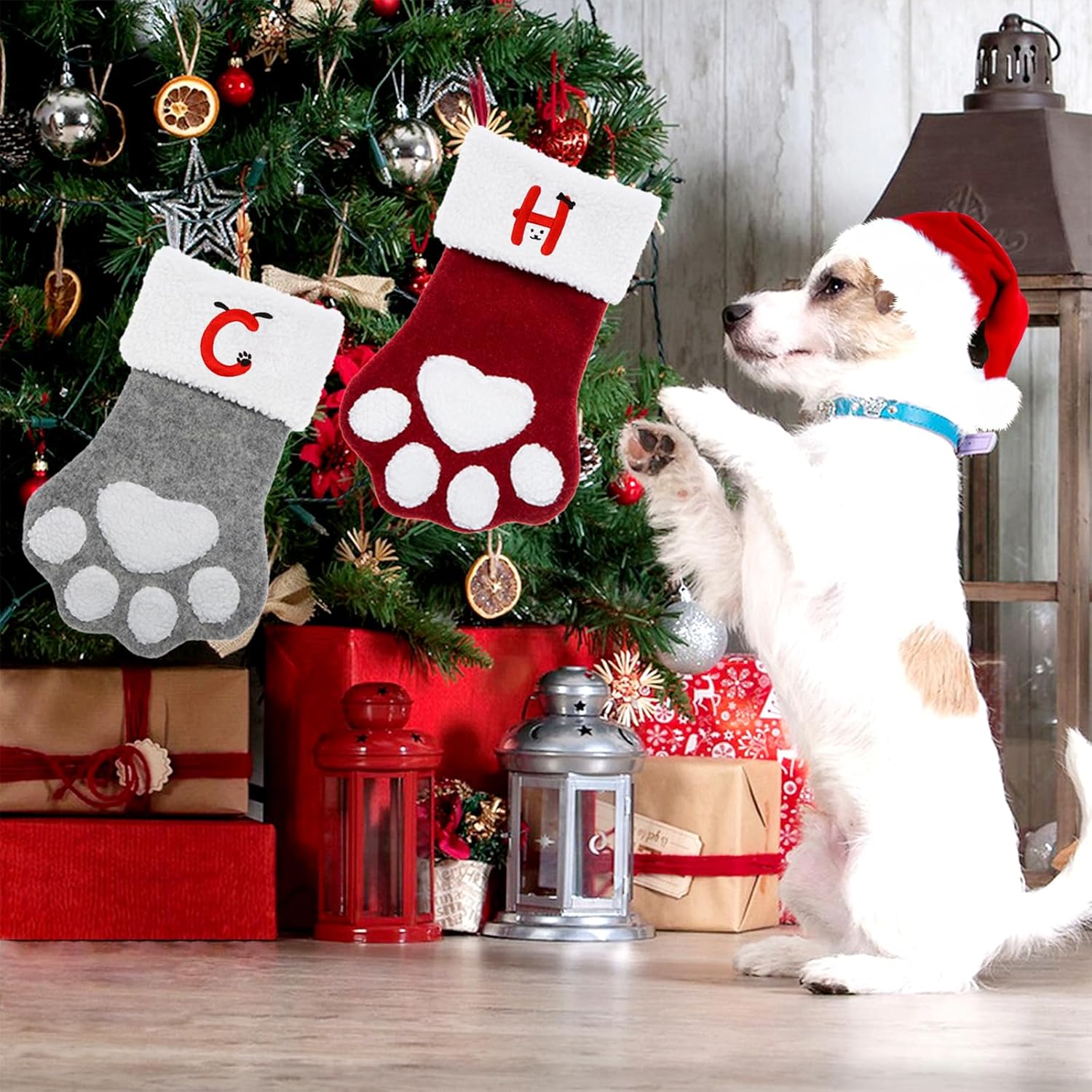Pet Christmas Stockings with Initials, Personalized Dog Cat Paw Xmas Stockings with Letters, 17.5 in Embroidered Monogram Christmas Stockings for Pets, Red Letter B