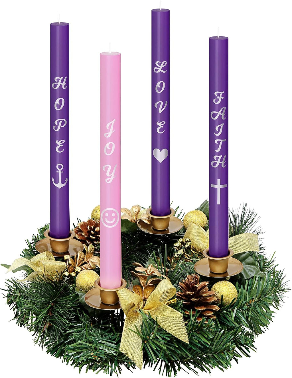 Advent Candles Set of 4 - Premium Printed Script Silver Letters & Pictures – Use with Advent Candle Holders, Advent Wreaths and Advent Rings - Dripless Taper Advent Candle for Christmas Church Décor