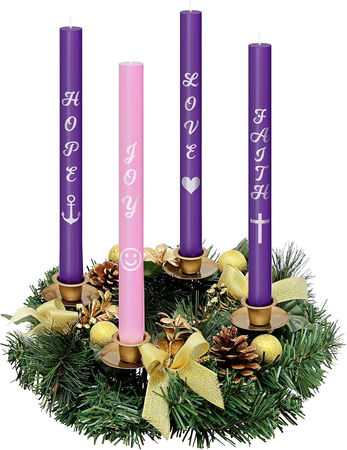 Advent Candles Set of 4 - Premium Printed Script Silver Letters & Pictures – Use with Advent Candle Holders, Advent Wreaths and Advent Rings - Dripless Taper Advent Candle for Christmas Church Décor