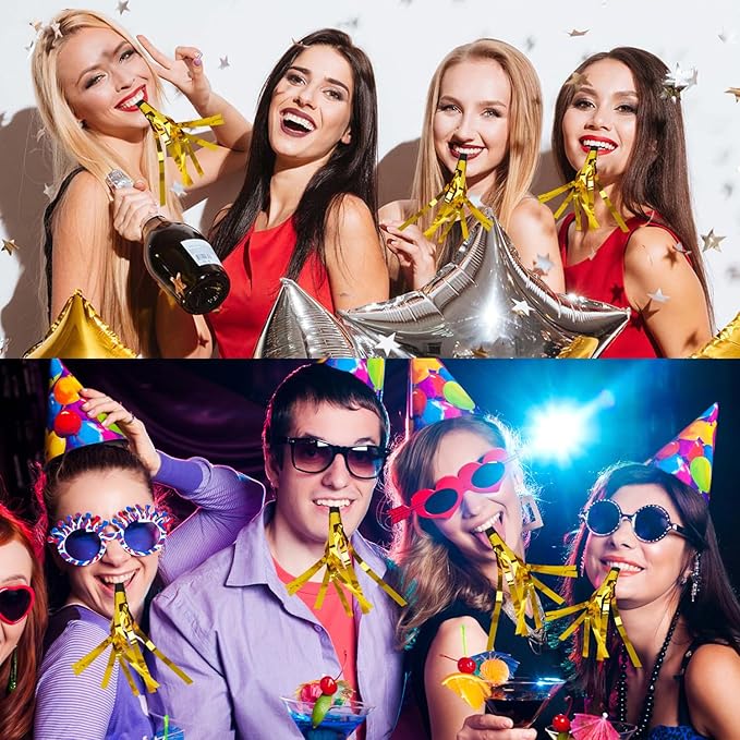 Noise Makers, 24 PCS Gold Noise Makers, Glitter Metallic Fringed Party Blowers Noisemakers Horns for Adults for Birthday Sporting Events Christmas 2025 New Year Eve Party Favor Supplies Decorations