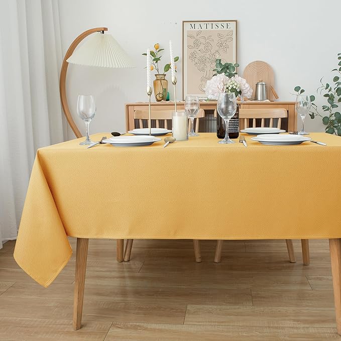 Biscaynebay Fall Tablecloth Textured Fabric 90x132 Inch Rectangular, Fall Gold Thanksgiving Autumn Harvest Water Resistant Fabric Tablecloths for Kitchen, Dining, Wedding, Parties Machine Washable