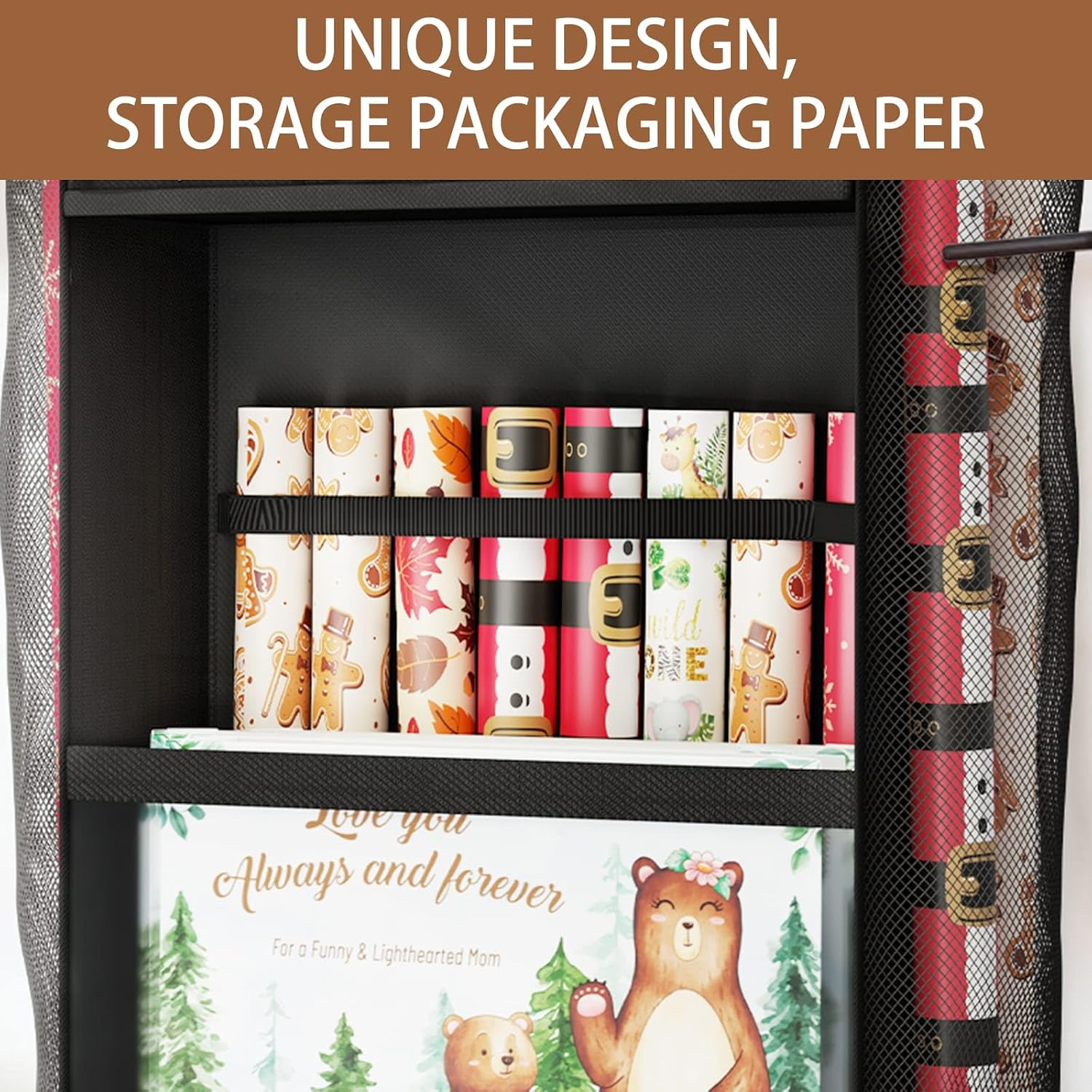 Over Door Wrapping Paper Organizer Storage with Removable Drawer & Side Pockets, Multi-Purpose Over the Door Gift Wrapping Organizer for Gift Bags, Paper, Ribbons, Bows, Ornament and Other Tools