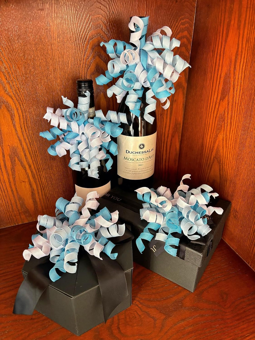 6PCS Blue Self-Adhesive Curly Bows, 6" Pre-Made Bows for Gift Wrap, Grosgrain Ribbon Bow for Basket Decoration, for Champagne, Present Bow for Birthday, Party, Anniversary (Mix Blue, 6 inches)