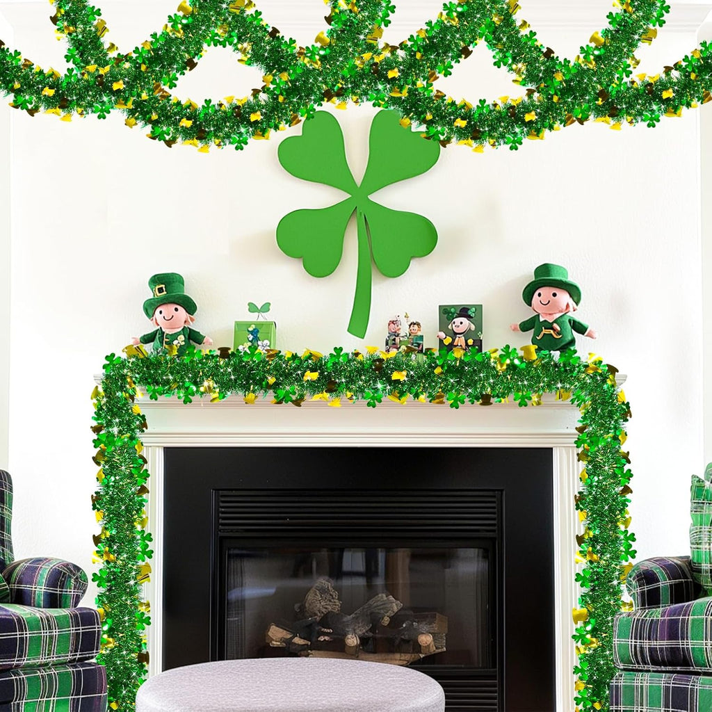 33 Ft Tinsel Garland St.Patrick's Day Decoration,Green Gold Leprechaun Hat Shamrocks Clover Metallic Streamers St.Patrick's Day Decorations for Home Outdoor Indoor Irish Party Supplies Decorations