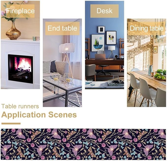 Moth Table Runner, Boho Aesthetic Moth Magic Table Runner for Home Kitchen Dining Party Indoor Outdoor Decoration 13x70 Inch
