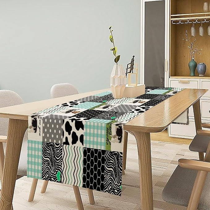 Cute Cow Print Table Runner,Farm Animals Honeycomb Plaid Stripes Cowhide Pattern Tablecloth Burlap for Hotel Indoors Outdoor Dining Room Kitchen Table Decor, 13x36in