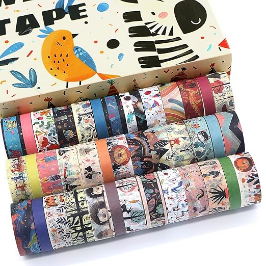 Washi Tape Set 39 Rolls - Cute Animal Colored Decorative Adhesive Tape for Kids, Masking Tape for Scrapbooking Supplies, DIY Crafts, Gift Wrapping, Junk Journal, Planners, School Supplies