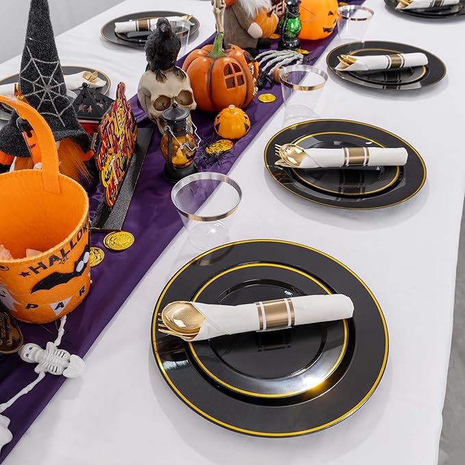 SUT 175 Pcs Black and Gold Plastic Dinnerware Set for 25 Guests, Include: 25 Dinner Plates, 25 Dessert Plates, 25 Pre Rolled Napkins With Silverware, 25 Cups, Disposable Plates for Halloween, Party