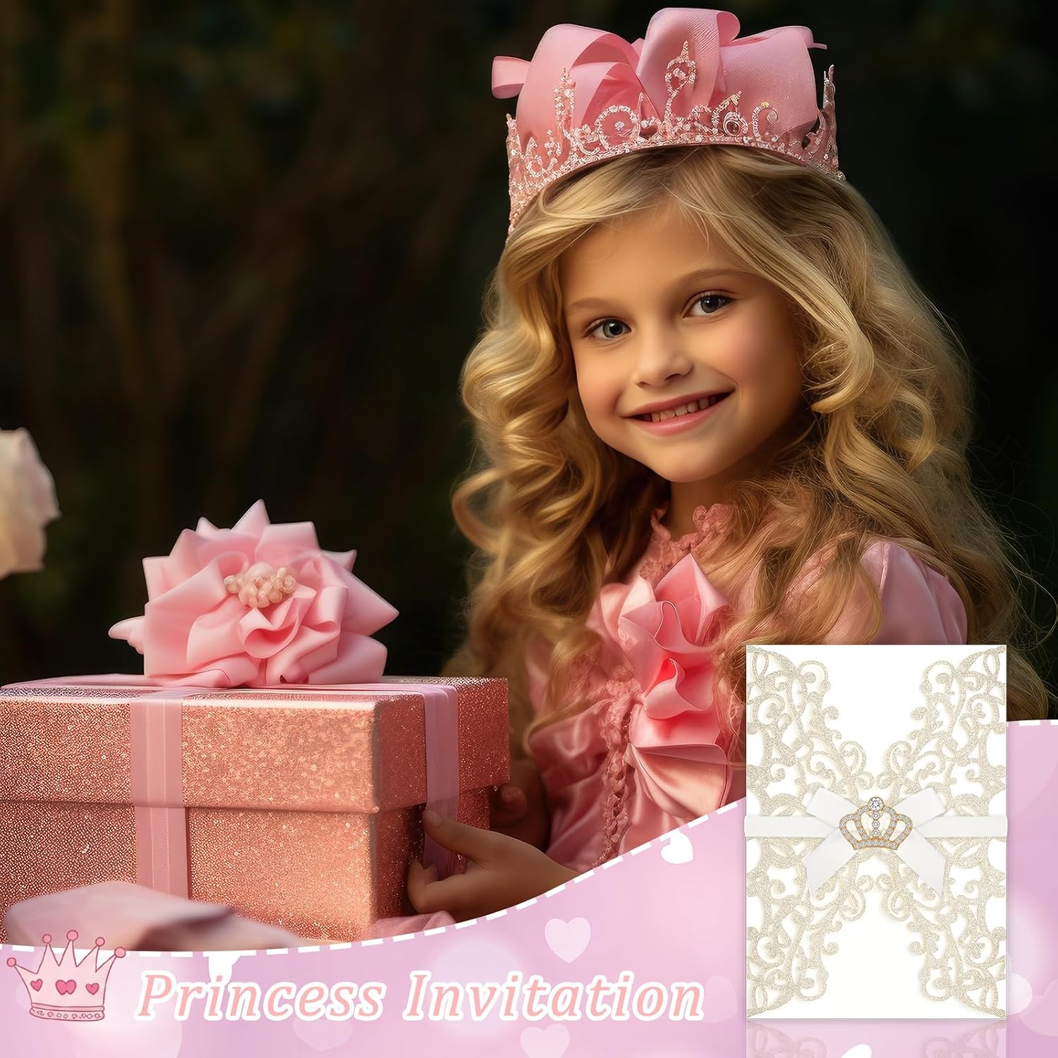 Affrolling 50 Set 5x7 Inch Wedding Invitation Sleeves Quinceanera Invitations Gold Laser Cut Invitation Sleeves with Mini Crowns and Butterfly Ribbons for Sweet 16 Birthday Invitations Girl