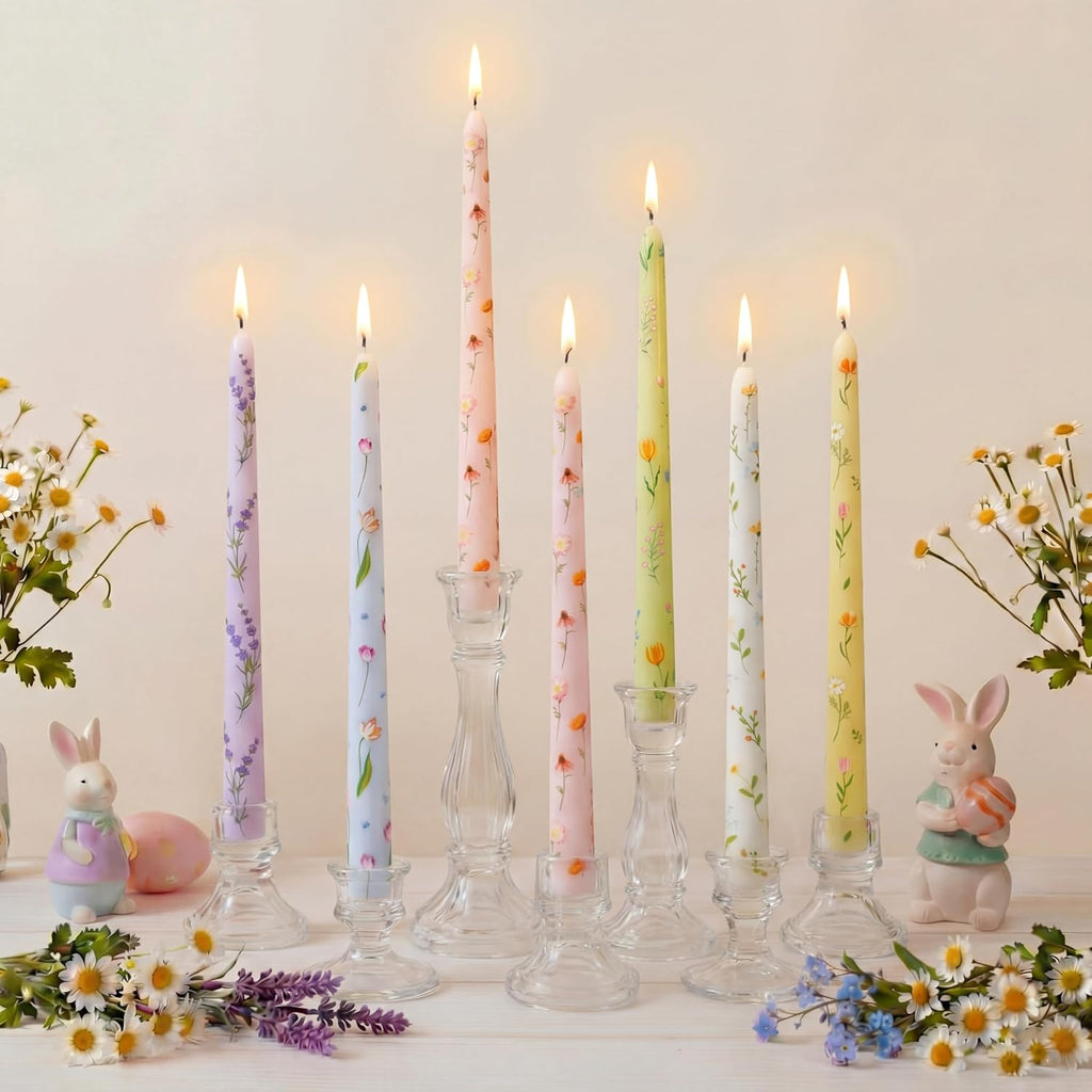 Conelist 12 Pcs 9.8" Floral Long Taper Candles Pastel Flower Candlesticks Tall Smokeless Unscented Decorative Tapered Candles Gifts for Christmas Wedding Home Dinner Party Decorations