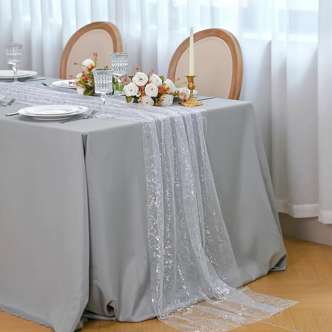 Snowkingdom 10 Pcs 10 FT Silver Table Runners, Sheer Chiffon Gauze Cheesecloth Runner, Sequin Glitter Silver Party Table Decoration Centerpieces for Wedding Christmas Birthday Bridal Baby Shower