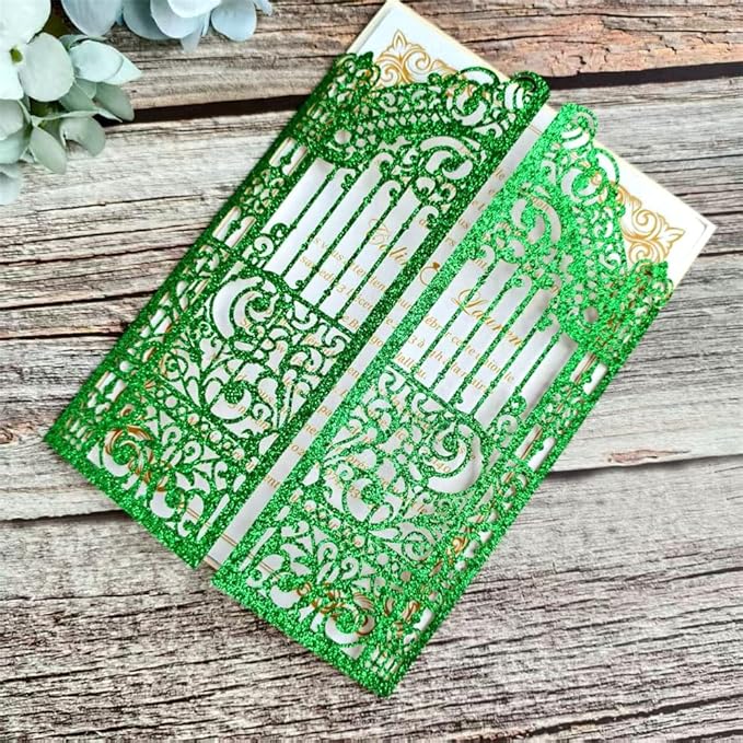 MillaSaw Glitter Green Gate Invitation Sleeve, Laser Cut Catle Invitation For Quinceanera Ball Wedding Bridal Shower Valentine Birthday Christmas 25 Sets (green glitter, 4.9"x7.1")