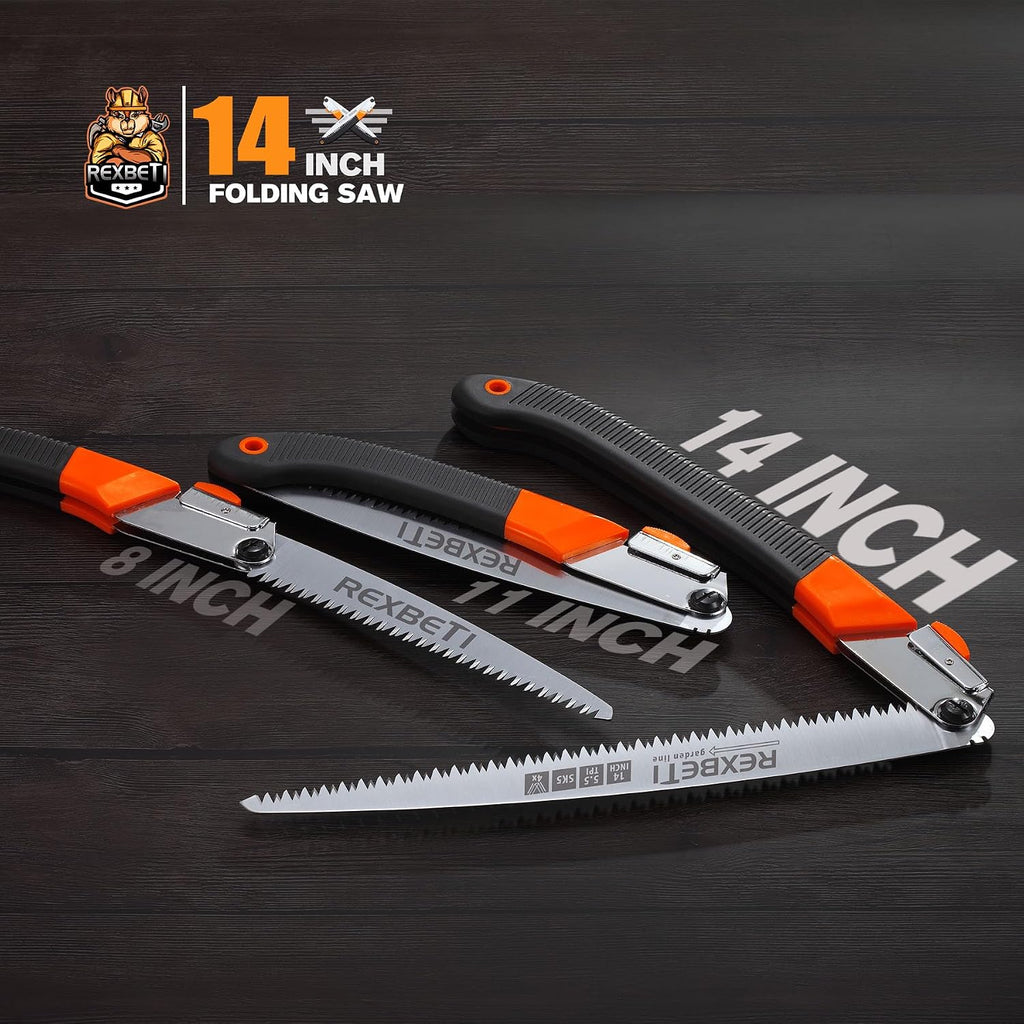 rexbeti 14-inch folding pruning saw, extra long hand, front angle view