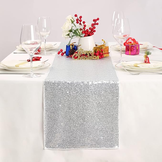 Silver Table Runner 10 Packs 12x72 Inch Sequin Glitter Table Runner for Rectangle Tables for Birthday Banquet Wedding Baby Shower Party Decorations