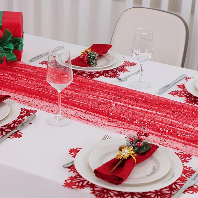 Snowkingdom Red Christmas Table Runner 10 FT, Glitter Metallic Foil Sheer Tulle Cheesecloth Gauze Runner 120 Inch, Red Table Centerpieces Decoration for Wedding Birthday Party Holiday