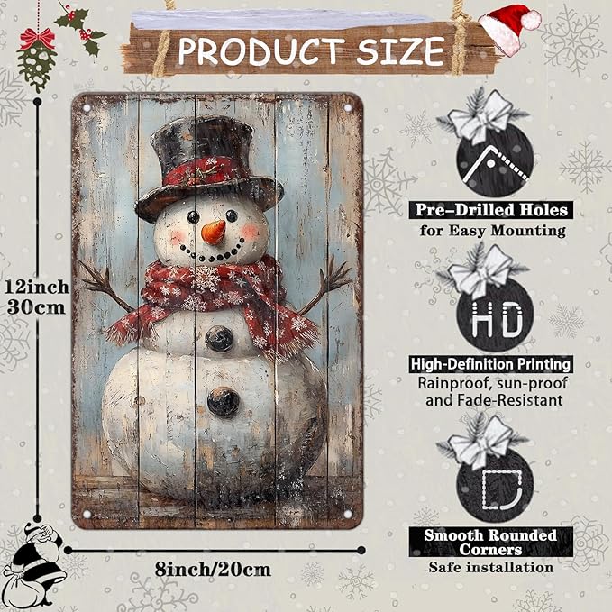 Vintage Christmas Metal Tin Sign Snowman Retro Wall Decor Christmas Tin Sign for Winter Outdoor 8x12Inch