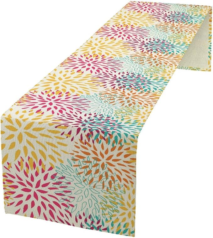 Abstract Flowers Table Runner, Chrysanthemum Dahlia Vintage Modern Colorful Spring Summer Elegant Table Runner for Party Kitchen Dining Living Room Laundry Room Decor, 13x108 Inch