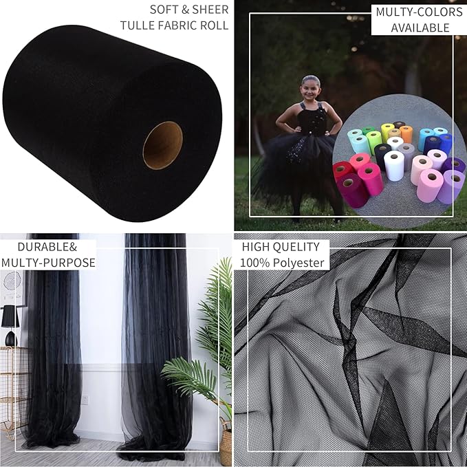Black Tulle Fabric Rolls 6 Inch by 200 Yards (600 feet) Fabric Spool Tulle Ribbon for DIY Black Tutu Bow Baby Shower Birthday Party Wedding Halloween Decorations Craft Supplies