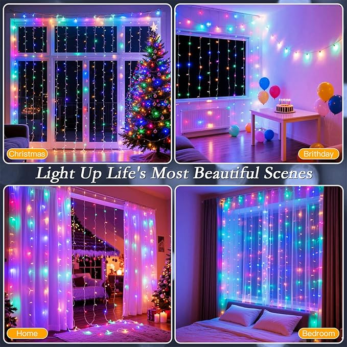 300 LED Rainbow Curtain String Lights 9.8 * 9.8FT Plug in Fairy with Timer and 8 Modes, Waterproof Window Wall Lights for Bedroom Wedding Party Indoor Outdoor Christmas Decor