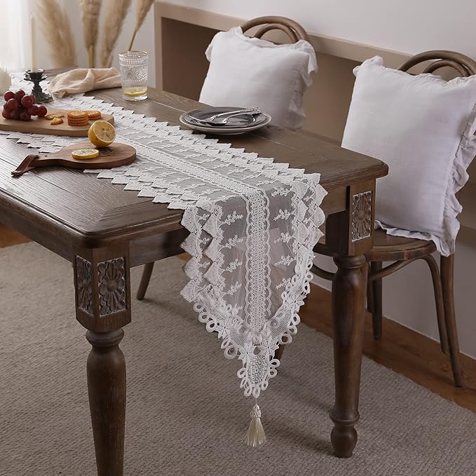 patdrea Designer Vintage White Lace Table Runner,Crochet Decorative Table Covers,Chiffon Embroidered Tasseled Table Runners, Cutwork Dresser Runners,Christmas Wedding Party Bridal 16x63 Inches Long