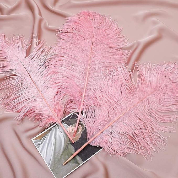 24pcs Natural Lotus Pink Ostrich Feathers 10-12inch (25-30cm) for Wedding Party Centerpieces，Flower Arrangement and Home Decoration.