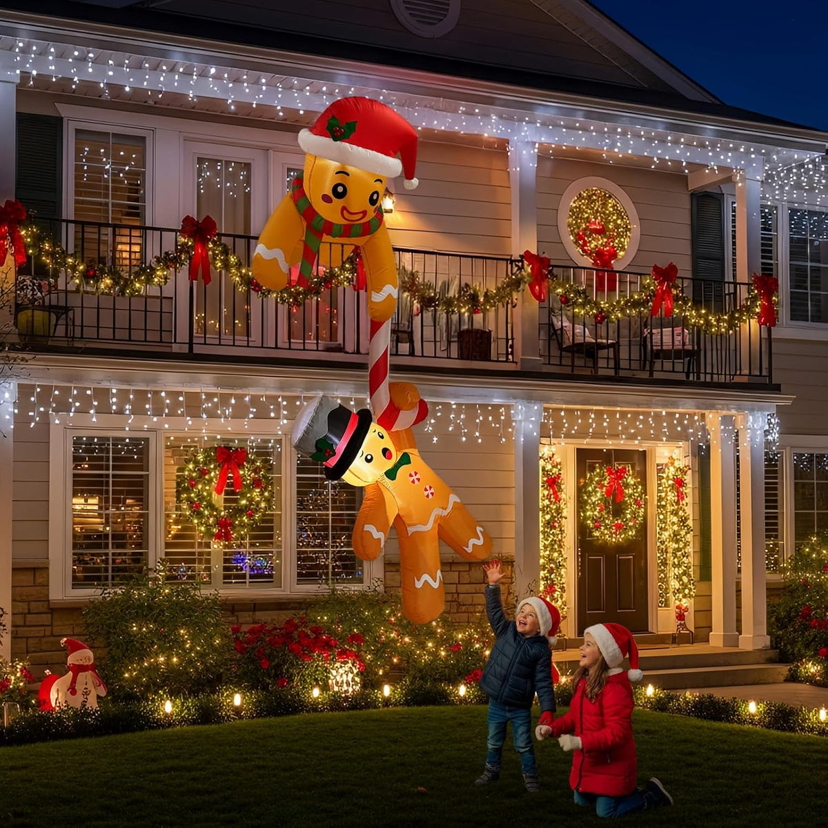 ourwarm 7ft christmas inflatable outdoor decoration, climbing gingerbread, side view