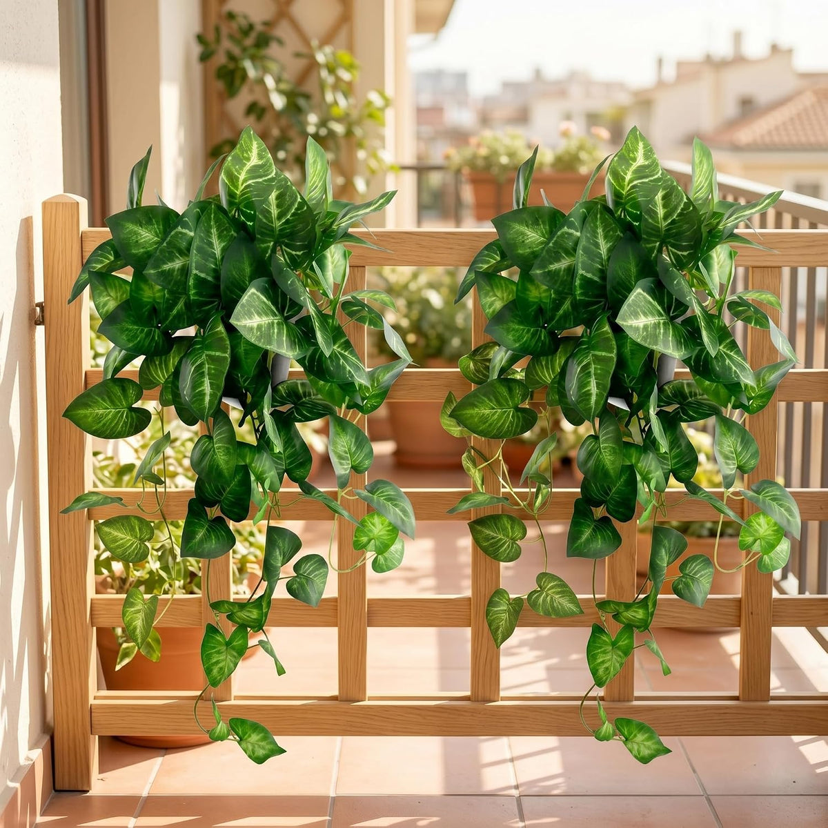 Artificial Pothos Hanging Plant, 25" Set of 2 Faux Ivy Vines with Pots