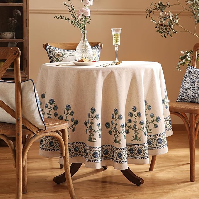 patdrea Designer Blue Small Tablecloth for Round Table,Linen Leaves Pattern Anti-Wrinkle Floral Tablecloths,Farmhouse Floral Table Cover Decor for Kitchen Dining,Thanksgiving,Diameter 55"-Ivar B