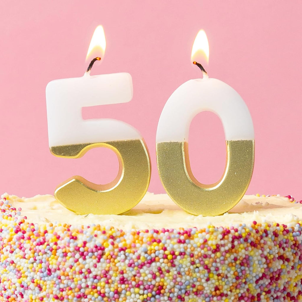 Talking Tables White and Gold Number 50 Birthday Candles for Cakes Cake Topper Decoration Premium Quality One and Six Candles Anniversary Party Milestone Age 2.1 Inches Height Recycled Packaging