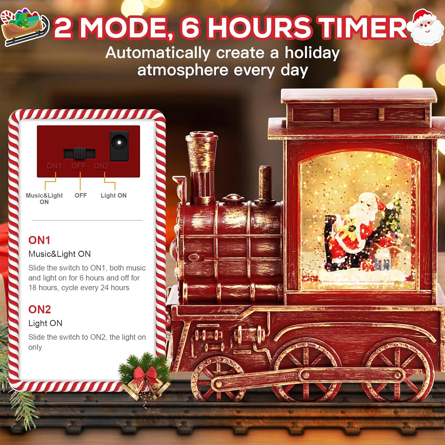 IPOW Christmas Santa Globe Lantern Train with Water Swirling Glitter, Musical and Lighted 6 Hours Timer USB Powered & Battery Operated Music Box for Christmas Home Decoration Gift