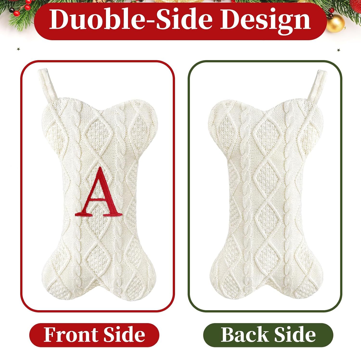 Malier Dog Christmas Stocking with Initials, Letter A Embroidered Knit Christmas Stocking for Dogs, White Large Bone Shape Xmas Pet Stockings Hanging Stocking for Dogs Cats Pets (White, Letter-L)