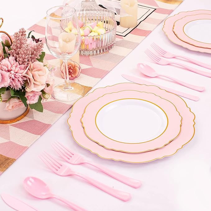 WDF 160 Piece Pink Plastic Silverware - Heavy Duty Pink Silverware Includes 80 Forks, 40 Spoons, 40 Knives, Plastic Utensils Perfect for Wedding, Party