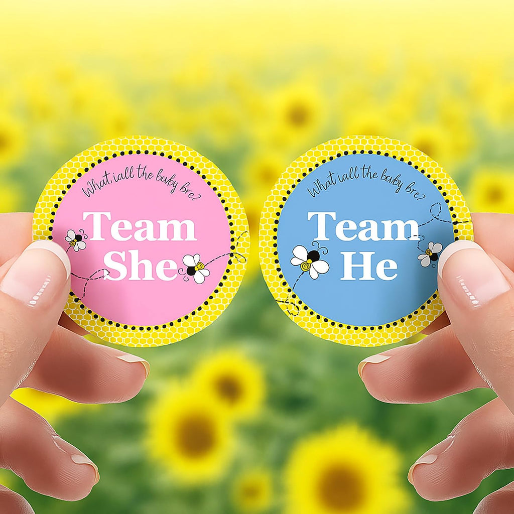 What Will It Bee Gender Reveal Voting Stickers, 40 Count | 1.75 in round, 20 Team He Blue and 20 Team She Pink, Honey Bee Bumble and Hive Theme